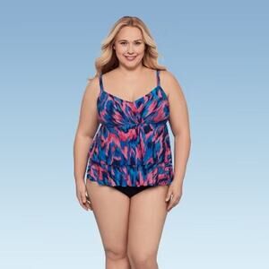Trimshaper NWT Blue & Pink Tiered Ruffle Tankini Top - 18W - Women's Plus Size
